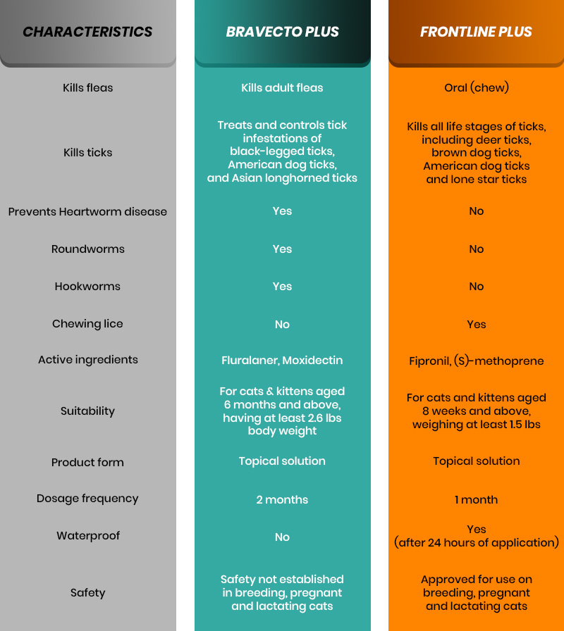 Comparison of Bravecto Plus & Frontline Plus for Cats